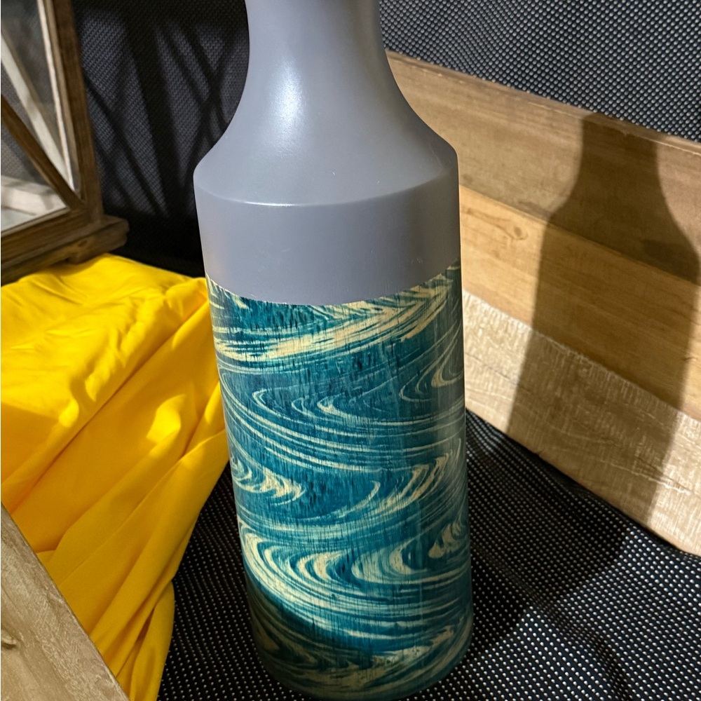 Gray and Teal Swirl Patterned Wooden Vase 15” high